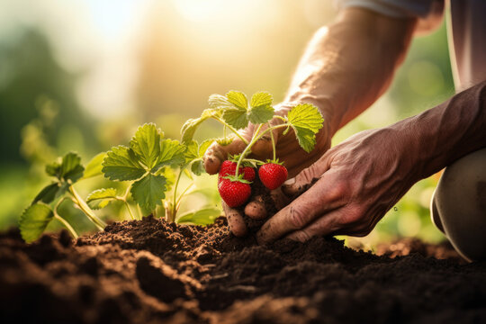 Gardener hands planting in soil, soft sunlight Generative ai
