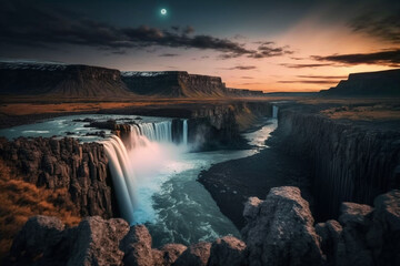 Awe-inspiring sight of the majestic Selfoss cascade, located within the breathtaking Vatnajokull National Park in Iceland, Europe. Generative AI.