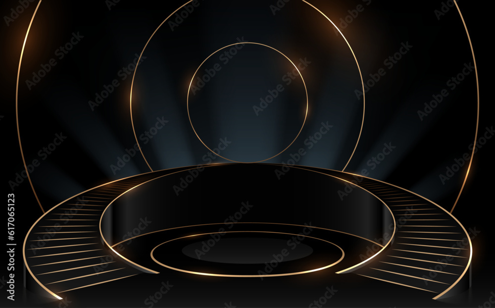 Wall mural black and gold circle stairs podium with light effect