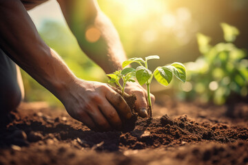 Gardener hands planting in soil, soft sunlight Generative ai