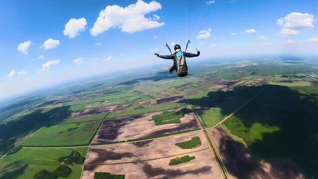 back view from gopro man paraglider flying over plains, fields, meadows and forests of Belarus spreading arms to the sides. Extreme and active types of recreation. High quality FullHD footage