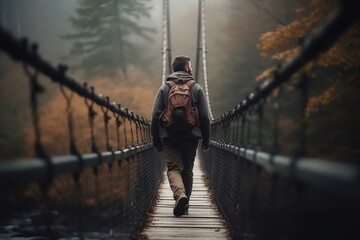 A shot of a hiker crossing a suspension bridge, Generative AI
