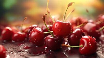 Fresh ripe Cherry fruit illustration. Natural food colorful background. Generative AI - obrazy, fototapety, plakaty