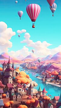 A whimsical hot air balloon festival with a clear blue sky and vibrant balloons. Colorful illustration art. Generative AI