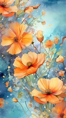 Watercolor Cosmos flower illustration. Colorful painting floral background. Generative AI