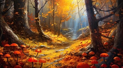 An abstract autumn forest with golden foliage and swirling leaves, capturing the beauty and melancholy of the changing seasons. Colorful illustration art. Generative AI