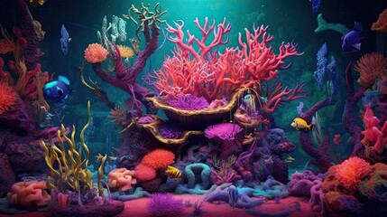 Fototapeta na wymiar An abstract underwater coral reef with vibrant colors and intricate details, showcasing the beauty and diversity of marine life. Colorful illustration art. Generative AI