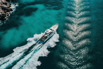 Mesmerizing sight of a speed boat traversing the serene expanse of clear blue water on a sun-drenched day. Generative AI.