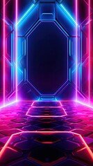 A neon-infused stage featuring a matrix of glowing hexagons, creating an intricate and mesmerizing pattern of light. Abstract futuristic neon light background. Generative AI