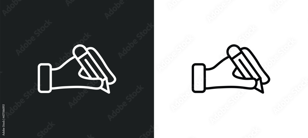 Poster write by hand line icon in white and black colors. write by hand flat vector icon from write by hand