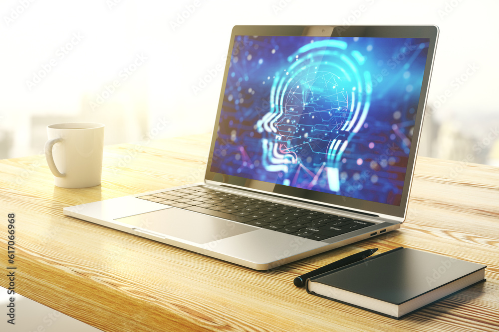 Poster creative artificial intelligence concept with human head sketch on modern computer monitor. 3d rende