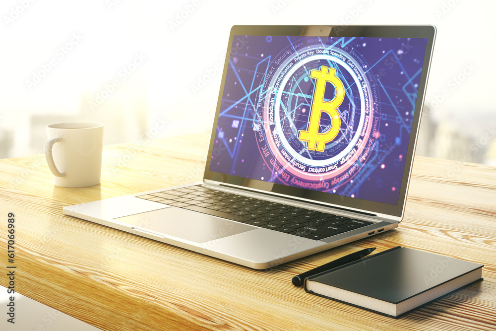 Poster Creative Bitcoin concept on modern computer monitor. 3D Rendering