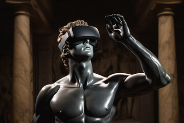 Fototapeta na wymiar Technology, history and fine-art concept. Roman man sculpture wearing virtual reality goggles. Bust of male with glasses. Generative AI