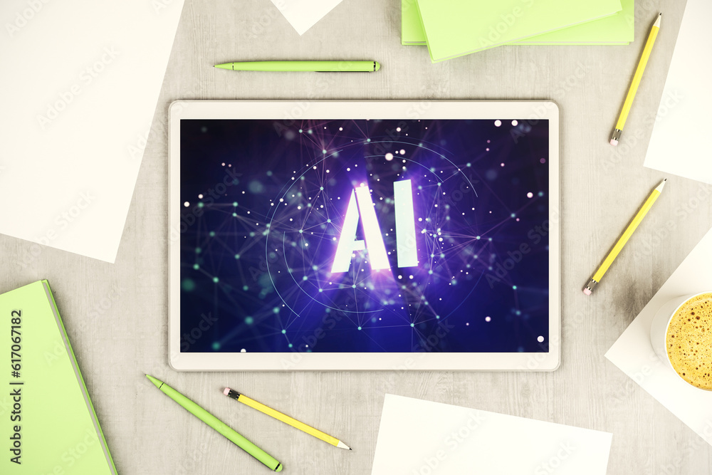 Leinwandbilder Creative artificial Intelligence symbol concept on modern digital tablet screen. Top view. 3D Rendering