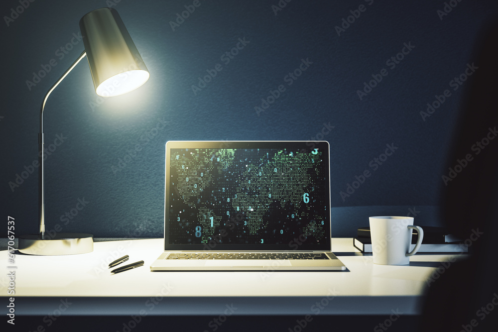 Wall mural Abstract creative coding concept with world map on modern laptop screen. 3D Rendering