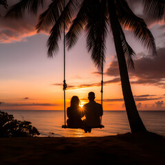couple sitting on a swing, back to the camera, in front of the sunset over the sea, surrounded by coconut trees