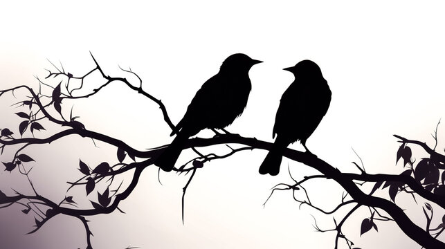 Silhouette of two black birds on a white background, generative AI.