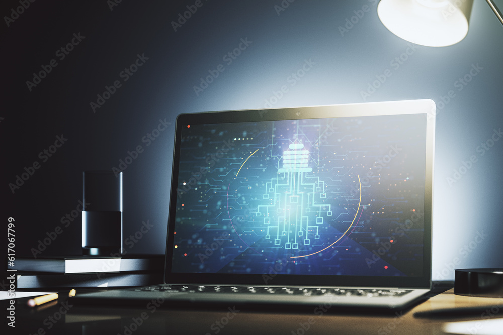 Poster Creative light bulb with chip hologram on modern laptop monitor, artificial Intelligence and neural networks concept. 3D Rendering