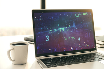 Creative scientific formula hologram on modern laptop monitor, research concept. 3D Rendering