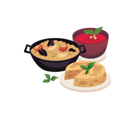 Paella, gazpacho and tortilla espanola dishes flat style, vector illustration