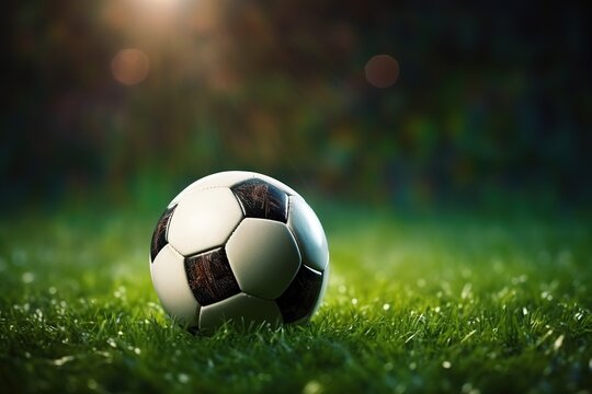 Super realistic photo of a new soccer ball on the grass of a soccer stadium at sunset,Generative AI