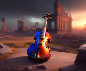 Violin on the background of the ruined city. Musical instrument against the background of stones and buildings. Generative, AI, Generative AI