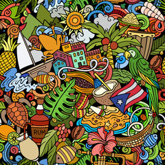 Vector background with Puerto-Rican Caribbean culture traditional symbols and items. Bright colors Central American funny seamless pattern