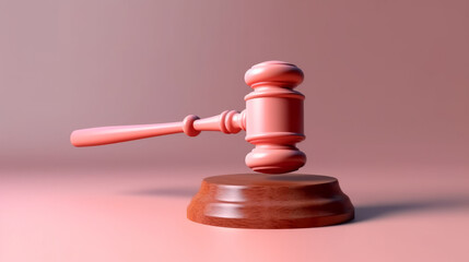 A wooden judge's gavel on a pink background