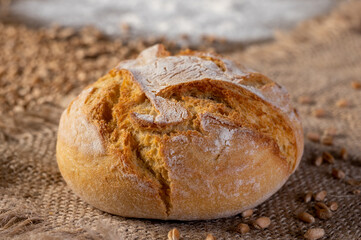 Bakery - Round bread close up. Freshly baked bread with a golden crust on rustic wooden background.