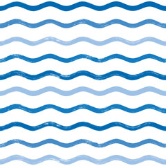 Seamless Wave Pattern, Hand drawn water sea vector background. Wavy beach print, curly grunge paint lines, watercolor illustration