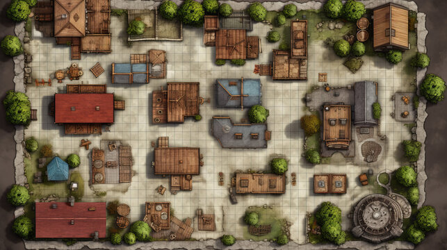 RPG Fantasy Top Down City Battle Map, Village Themed Video Games Illustration, Roleplaying Fantasy Tabletop