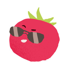 Funny cute tomato character in sunglasses. Happy cool vegetable in summer sun glasses smiling. Amusing comic food, macho seducer. Flat vector illustration isolated on white background