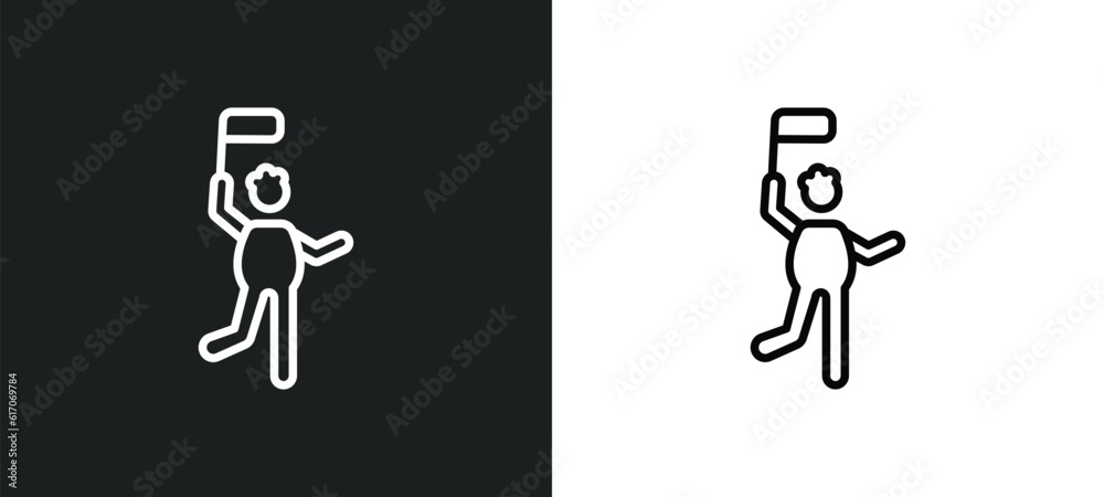 Poster man with flag line icon in white and black colors. man with flag flat vector icon from man with flag