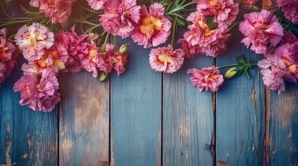 Obraz na płótnie Canvas Carnation flowers on wooden planks background. Beautiful blooming plants. Generative AI
