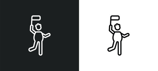 man with flag line icon in white and black colors. man with flag flat vector icon from man with flag collection for web, mobile apps and ui.