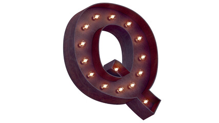 Light bulb glowing letter alphabet character Q font. Perspective view illuminated capital symbol on transparent background. 3d rendering illustration. PNG letters.