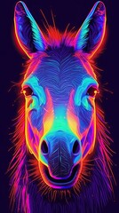 Neon light Donkey animal on black background. Portrait of glow light animal. Generative AI