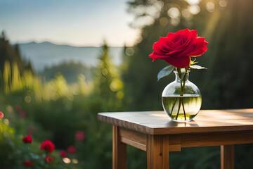 still life with red rose flower in glass vase isolated on wooden table blurred background