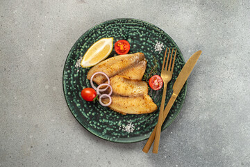 Baked white fish fillet tilapia or pangasius. Long banner format. top view