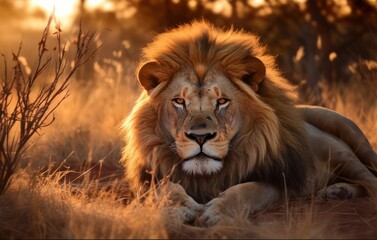 Majestic lion in the savanna, looking at camera, as sun sets