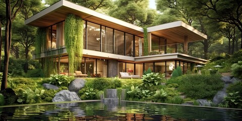 Naklejka premium Generative AI. Modern house in the forest. Eco friendly house with a Terrace in the forest 3d concept illustration