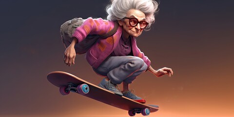 Generative AI. Grandma on a skateboard. Elderly on a skateboard 3d concept illustration