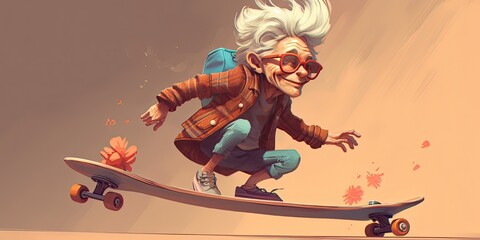 Fototapeta na wymiar Generative AI. Grandma on a skateboard. Elderly on a skateboard 3d concept illustration