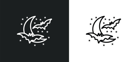 moon and bats line icon in white and black colors. moon and bats flat vector icon from moon bats collection for web, mobile apps ui.