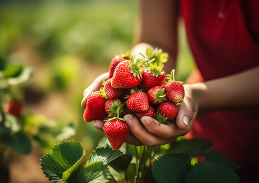 Gardening And Agriculture Concept Woman Farm Worker Hand Harvesting Red Ripe Strawberry In Garden Woman Picking Strawberries Berry Fruit In Field Farm Eco Healthy Organic Home Grown Food Concept