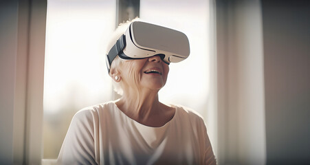 Elderly woman wearing virtual reality headset have fun with technology, smiling face, by the window, sunset light, portrait at home,