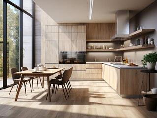 Built-in cabinet in the house kitchen. Modern concept design with natural tone wooden texture as the cabinet's surface finish. 