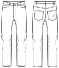 Men's denim jeans trouser pants front and back view flat sketch fashion illustration, five pockets denim pants vector template - obrazy, fototapety, plakaty