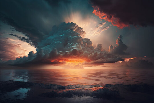 Awe-inspiring scene of a dramatic cloudscape engulfing the sky above the tranquil sea at sunrise. Generative AI.