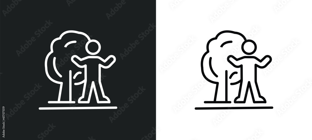 Poster man and tree line icon in white and black colors. man and tree flat vector icon from man tree collec